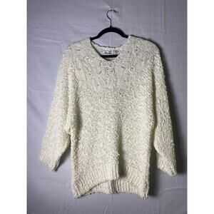 Bonnie & Bill White Floral Pearl V-neck Embellished Sweater Women's Size Medium